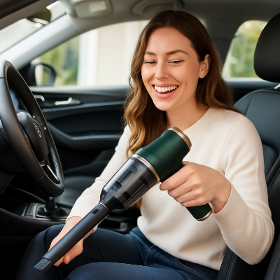Aspirateur voiture vert dans main femme dans voiture cote conducteur