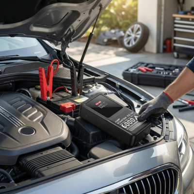 Booster batterie puissant 1200A posé sur un moteur, pinces branchées, pour redémarrer une voiture à batterie déchargée