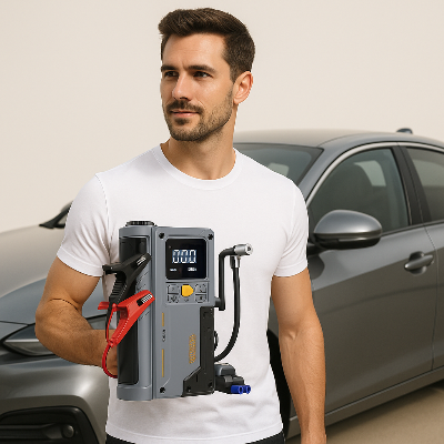 Chargeur Batterie Professionnel Voiture dans main homme a-cote voiture grise