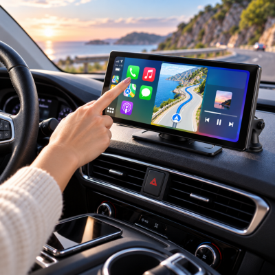 Conducteur touchant l'écran carplay android auto DVR 4K pour lancer la navigation GPS