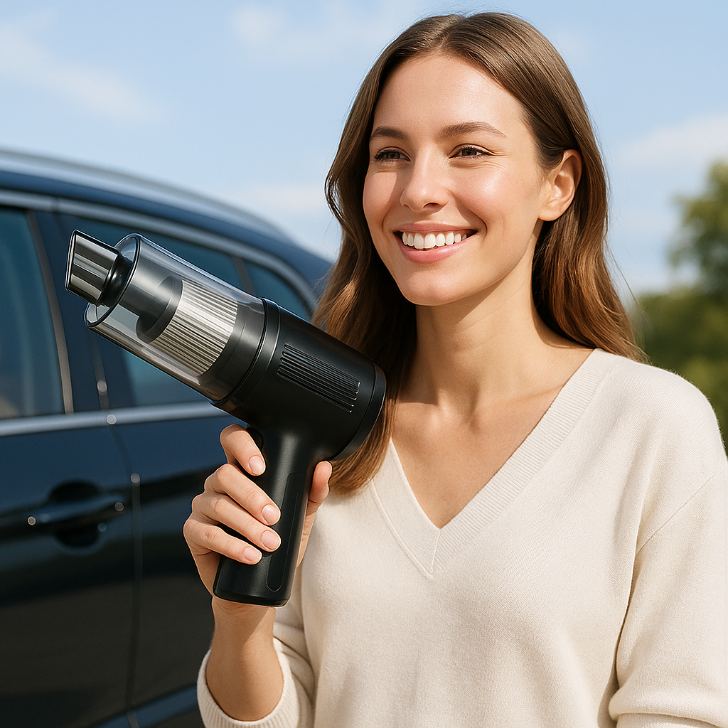 aspirateur de voiture puissant noir tenu dans main belle femme brune a cote voiture
