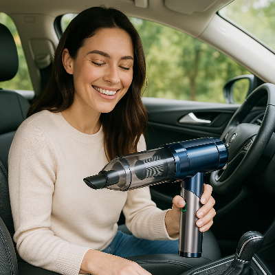 aspirateur puissant voiture dans main femme brune contente