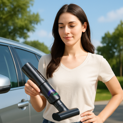 aspirateur voiture puissant dans main femme contente