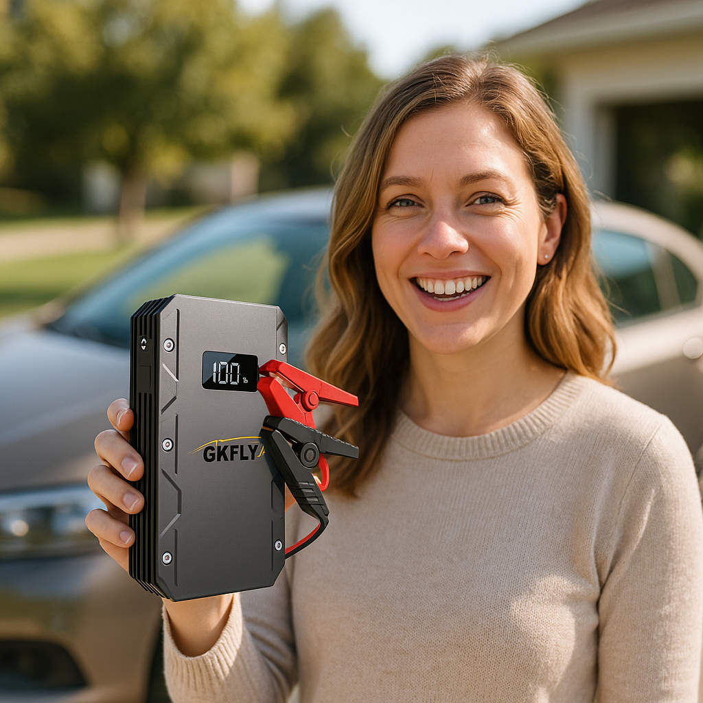 chargeur batterie booster dans main femme souriante devant voiture