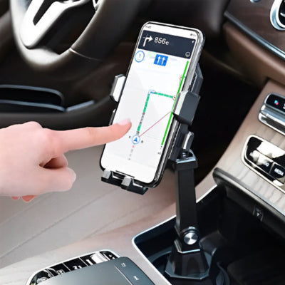 Support de telephone pour voiture, positionne dans le porte-gobelet, acces pratique au telephone pres de l autoradio.