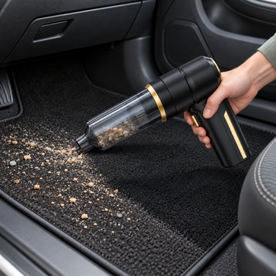 Aspirateur voiture professionnel aspirant un tapis de voiture