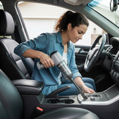 Aspirateur de voiture sans fil dans main femme souriante