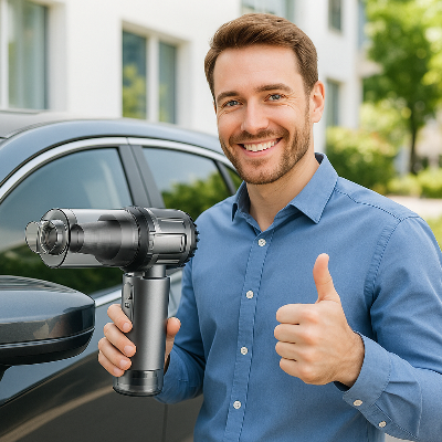 Aspirateur voiture dans main bonhomme souriant