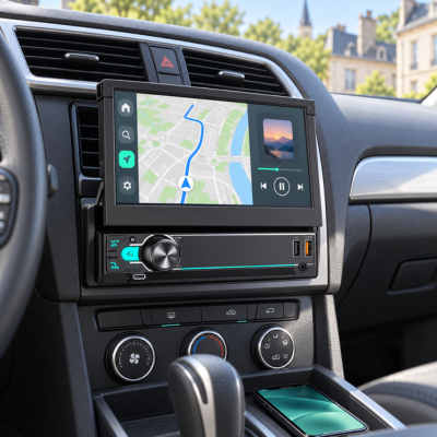 Autoradio Android Auto sans fil avec GPS intégré affichant un itinéraire