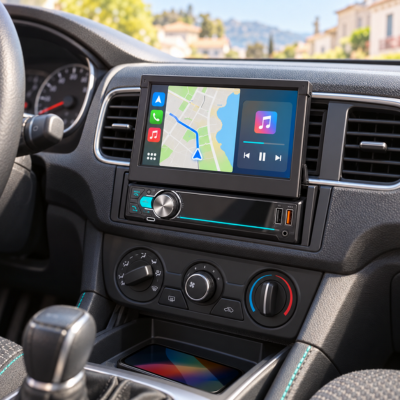 Autoradio Android Auto sans fil affichant navigation et musique à la place de l'autoradio d'origine