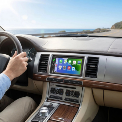 Conducteur utilisant l'autoradio Android installé sur un tableau de bord boisé