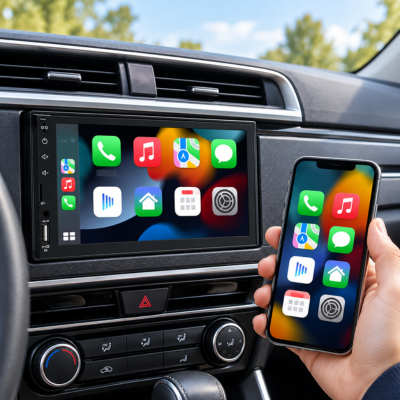 Autoradio android affichant le smartphone sur l'écran de la voiture