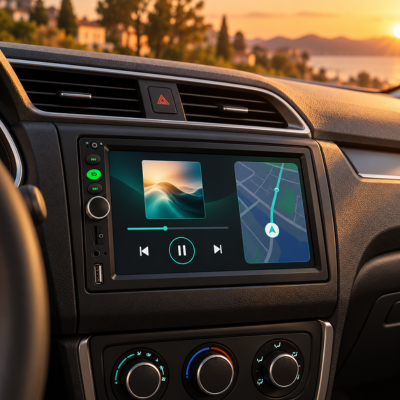 Autoradio Android 2 DIN affichant musique et GPS, habitacle au coucher du soleil