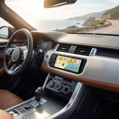 Autoradio avec Bluetooth CarPlay sans fil intégré au tableau de bord d'un SUV, intérieur cuir camel