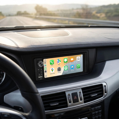 Autoradio Bluetooth affichant l'interface CarPlay sans fil sur le tableau de bord d'une berline