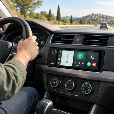 Autoradio Bluetooth affichant navigation, musique et appels mains libres pendant la conduite
