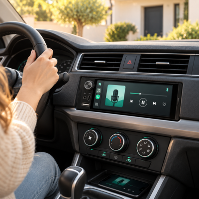 Conductrice écoutant sa musique en streaming sur l'autoradio Bluetooth de sa voiture