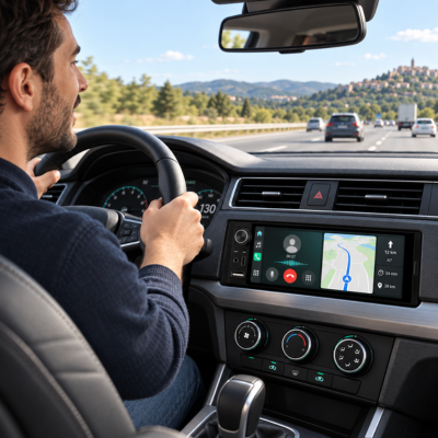 Conducteur guidé par le GPS de l'autoradio Bluetooth, mains sur le volant sur l'autoroute