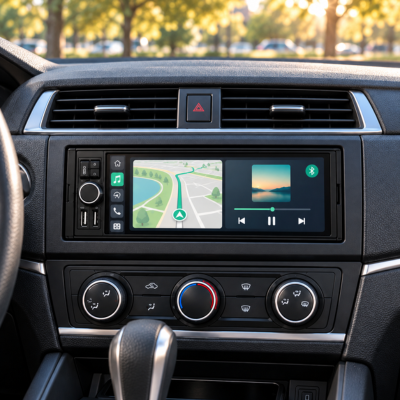 Autoradio Bluetooth voiture 1 DIN affichant GPS et musique en écran partagé