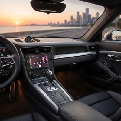 Autoradio Bluetooth voiture nouvelle génération dans un habitacle sportif en cuir noir