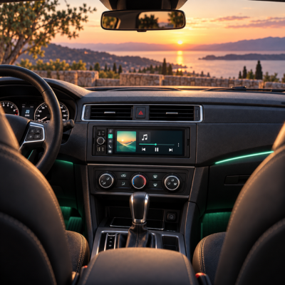 Autoradio Bluetooth voiture intégré au tableau de bord, vue panoramique au coucher du soleil