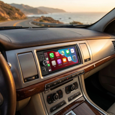 Autoradio Bluetooth voiture avec interface CarPlay sur tableau de bord boisé, route en bord de mer