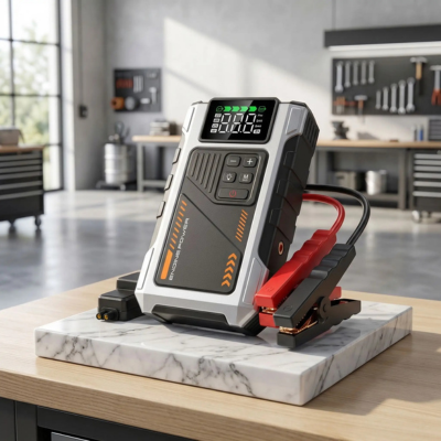 Booster Batterie Voiture expose sur stand marbre