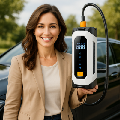 Booster batterie diesel porte par femme brune