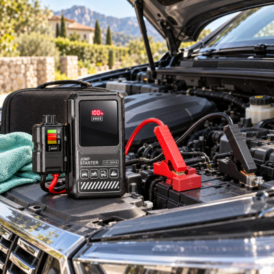 Booster batterie puissant PowerStart 1200A branché sur la batterie d'une voiture, pinces connectées sous le capot