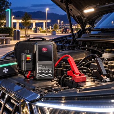 Booster batterie puissant PowerStart 1200A utilisé de nuit sur un parking, lampe LED allumée et moteur ouvert