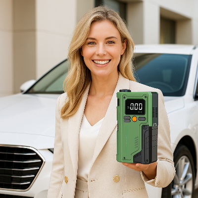 Chargeur Batterie Professionnel Voiture vert dans main belle femme blande