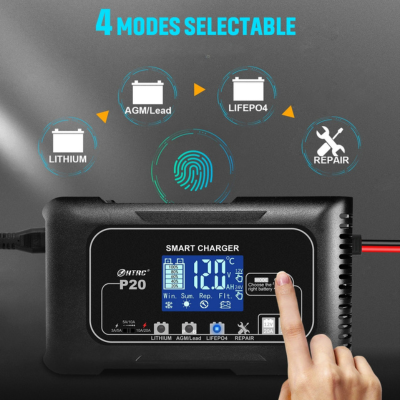Un chargeur de batterie pour voiture intelligent, équipé d'un écran LCD tactile, affiche quatre modes de recharge