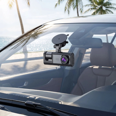 Dashcam noire avec ventouse sur pare-brise, vue exterieure voiture