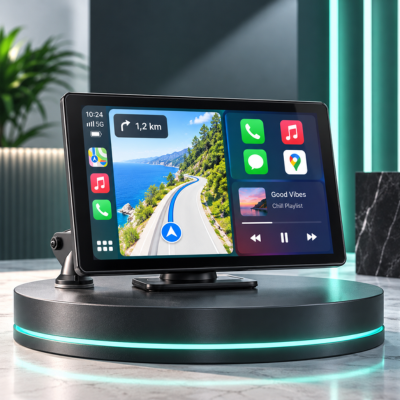 Écran carplay android auto DVR 4K présenté sur socle avec navigation et lecteur multimédia affichés