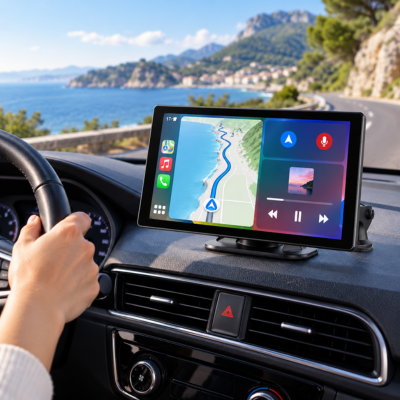 Écran carplay android auto DVR 4K fixé au tableau de bord affichant la navigation en conduite