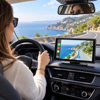 Femme conduisant avec l'écran carplay android auto 10 pouces affichant la navigation GPS en bord de mer