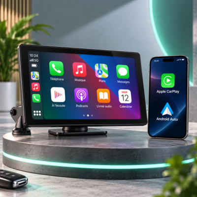 Écran carplay android auto DVR 4K et smartphone affichant les logos Apple CarPlay et Android Auto