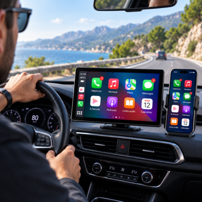 Écran carplay android auto DVR 4K et téléphone connectés affichant les mêmes applications dans la voiture