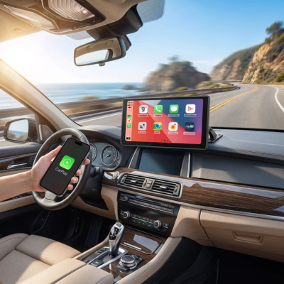 Écran carplay android auto 10 pouces installé dans une voiture avec connexion CarPlay sans fil au smartphone