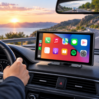 Écran carplay android auto 10 pouces affichant le menu CarPlay au coucher de soleil sur la route côtière
