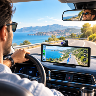 Conducteur souriant utilisant la navigation GPS sur l'écran CarPlay sans fil 10,26 pouces en bord de mer
