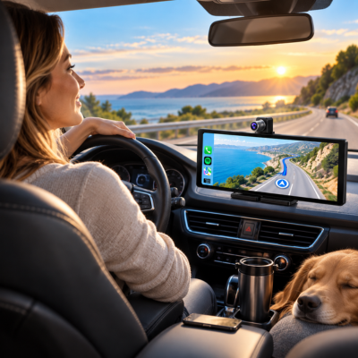 Femme au volant avec écran CarPlay sans fil affichant la navigation GPS au coucher de soleil, chien sur le siège passager