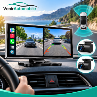 Écran carplay pour voiture équipé d'une dashcam 4K sans fil affichant les caméras avant et arrière en direct