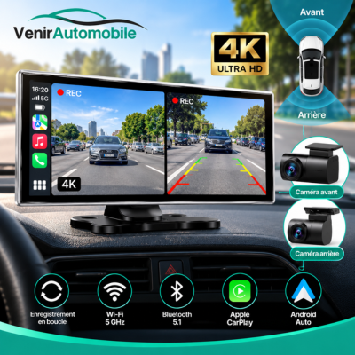 Écran carplay pour voiture dashcam 4K Ultra HD avec caméras avant et arrière et connectivité WiFi Bluetooth
