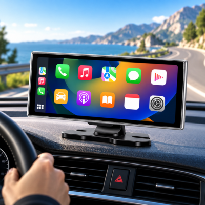 Écran carplay pour voiture avec dashcam 4K sans fil fixé au tableau de bord affichant le menu CarPlay