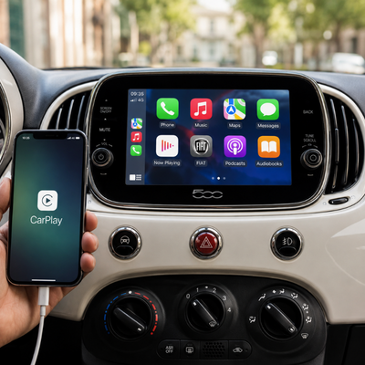 Écran carplay voiture FIAT 500 Abarth affichant les applications du smartphone connecté