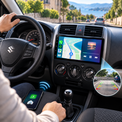 Écran carplay voiture Suzuki Alto affichant la navigation et un aperçu de la caméra de recul