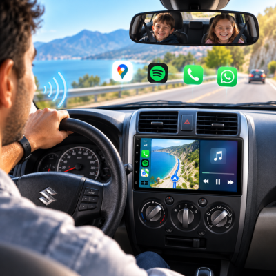 Conducteur d'une Suzuki Alto utilisant l'écran carplay voiture avec ses enfants visibles dans le rétroviseur