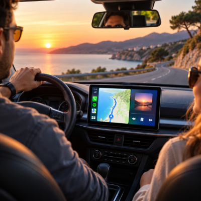 Couple en voiture au coucher de soleil utilisant l'écran carplay voiture installé sur leur Suzuki Alto
