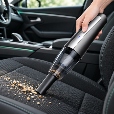 Mini aspirateur sans fil noir et gris aspirant des miettes sur un siège auto noir